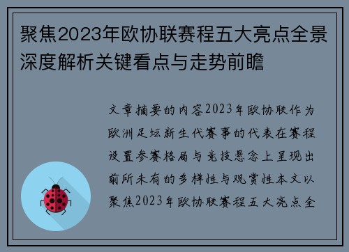 聚焦2023年欧协联赛程五大亮点全景深度解析关键看点与走势前瞻 聚焦2023年欧协联赛程五大亮点全景深度解析关键看点与走势前瞻